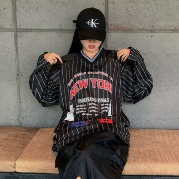 [HYC] 韓國 NEW YORK AAA 自由女神 網眼拼接 V領球衣 長袖球衣 高品質 條紋球衣 線條 長T