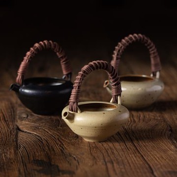 復古藤編提梁公道杯180ml純手工日式粗陶窯變勻杯 蘇打燒公杯分茶