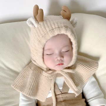 Mini baby🌷嬰兒帽子圍巾披肩一體帽秋冬季男女寶寶針織毛綫帽可愛超萌兒童