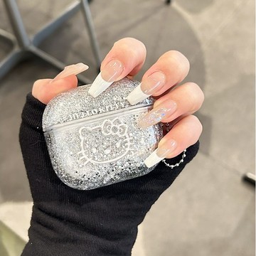 ins高級銀箔流沙 白色 KT貓 純色Airpods Pro保護套Airpods 1/2/3/4代防摔套 蘋果無線耳機殼