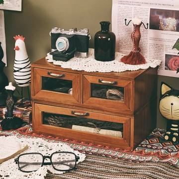 【含稅/免運】 書桌復古桌面收納盒抽屜式化妝品柜木質儲物盒宿舍桌上膠帶置物架