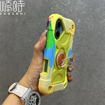 炫彩黃綠 雙指環加厚 超防摔 硅膠膚感 適用於 蘋果 iPhone 16 15 14 13 12 Pro max 手機殼
