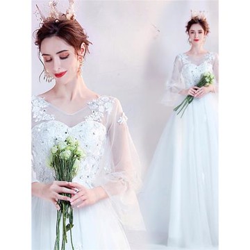 季末特惠 浪漫深V領公主蕾絲花朵長袖新娘冬季婚紗禮服17812批發