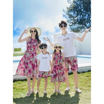 親子裝沙灘夏裝一家三口四口套裝全家海邊渡假母女波西米亞連衣裙