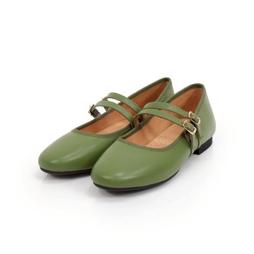 viina 雙細帶全真皮平底瑪莉珍鞋-綠