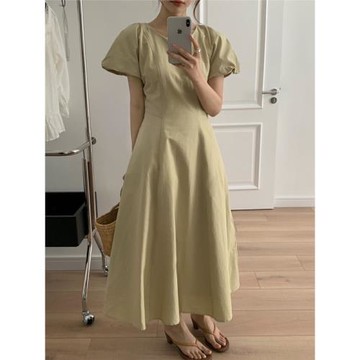 VIVIS韓版chic圓領純色連衣裙泡泡袖設計感小眾百搭短袖套頭a字裙