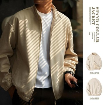 Wuluwear 美式休閒斜紋肌理拉鍊立領夾克男落肩百搭寬鬆小外套外套