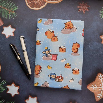 【水豚猴子泡溫泉】 書衣 可調式布書衣 手工布書衣 A5 A6 B6 20K