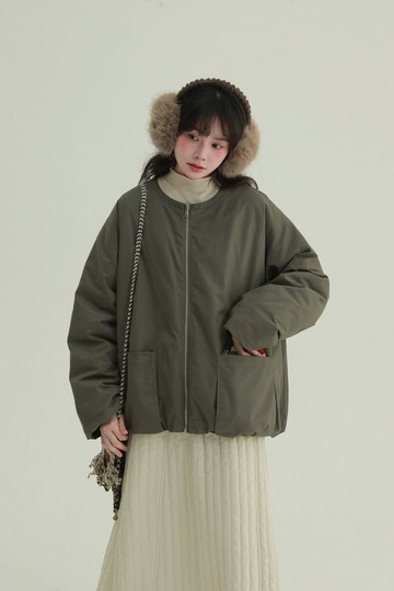 2顔色 熱可可 圓領拉鏈口袋絨羽絨服 短款日式休閒保暖外套