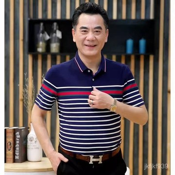 夏季新品 爸爸裝 爸爸T恤 中老年上衣 短袖T恤 男裝 夏季中老年翻領短袖夏裝T恤中年爸爸男士寬鬆上衣冰絲爺爺上衣
