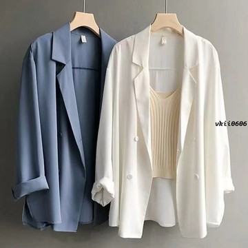 S-3XL 大尺碼外套 夏季韓版寬鬆薄款雪紡外套 西裝外套女 設計感小眾英倫風垂感小西服 西裝 vk