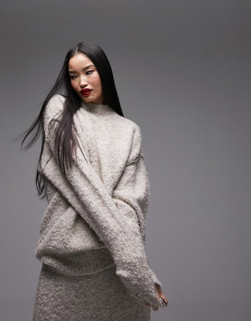 Topshop knitted long line boucle jumper in oat-Brown