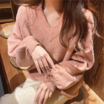 很仙的粉色v領軟糯毛衣女 秋冬加厚寬松慵懶風 外穿甜美溫柔日系 溫柔舒適針織毛衣 高級感洋氣內搭保暖上衣 舒適慵懶風毛衣