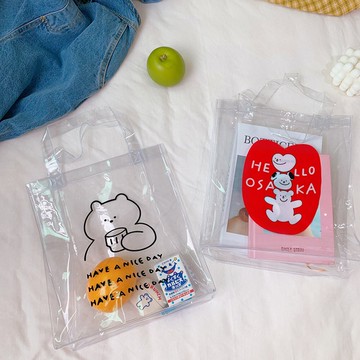 韓國ins可愛新卡通小熊透明果凍手提包網紅pvc購物袋沙灘包大容量 88607