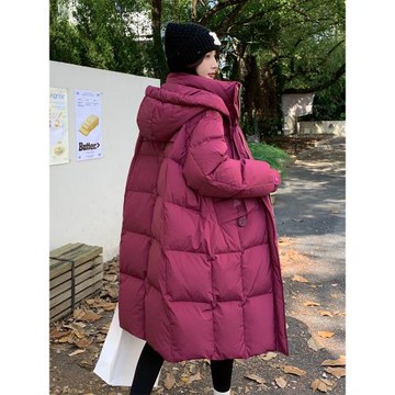 火龍果紅色韓版中長款羽絨服女2024冬季新款寬松加厚90白鴨絨外套