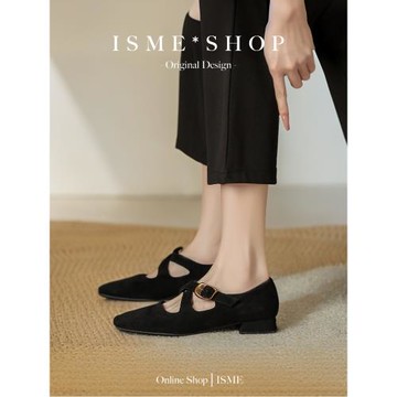 單鞋秋冬新款搭扣黑色粗跟絨面高跟鞋設計瑪麗珍交叉帶女鞋女2024