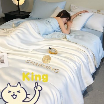 【King】水洗冰絲夏被四件套 夏季輕奢涼感刺繡夏涼被 柔滑親膚適合裸睡 透氣清涼空調薄被 可機洗好打理居家寢具