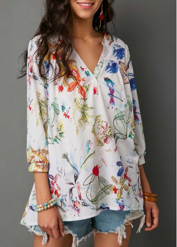 Three Quarter Sleeve Button Neck Printed Blouse