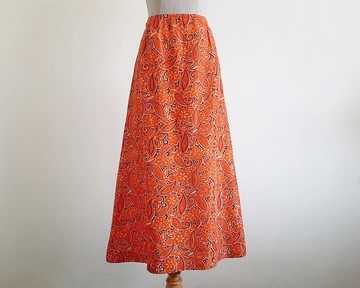 復古橘色佩斯利印花裙 女款 花卉 A字 中長裙 S 小尺碼 26腰