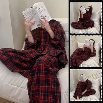 【純慾風少女格紋】新款美式長袖睡衣女 春鞦季長袖套裝 網紅家居服 居家服 可外穿睡衣 少女睡衣 睡衣套裝 長袖睡衣 套裝