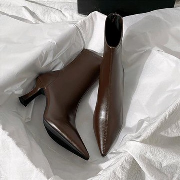 棕色短靴女高跟2025年秋冬新款加絨細跟氣質裸靴子尖頭彈力瘦瘦靴