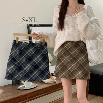 《杜達女孩》浪漫逆襲 秋冬毛呢格紋短裙 防走光格紋高腰短裙 格子裙 菱格毛呢短裙 包臀裙 窄裙 裙子 a字裙 呢子短裙