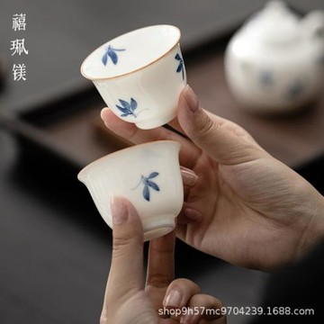 禧珮鎂手繪蝴蝶蘭花白瓷品茗杯反口杯家用陶瓷喝茶小茶杯個人單杯