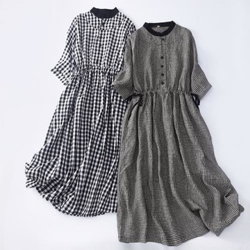 2023夏季女裝文藝大碼寬松a字襯衫裙女中長款棉麻格子休閑連衣裙