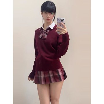 兔半眠校供感套頭v領紅色jk毛衣套裝針織衫女秋冬