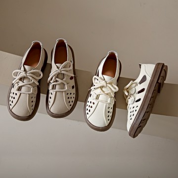 【白鳥麗子】【35-42全尺碼】厚底鞋 日系純色皮革拼接簍空繫帶休閒包鞋 店長推薦