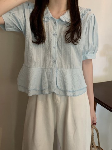 法式娃娃領短袖襯衫女設計感小眾夏季年新款韓版寬松短款上衣