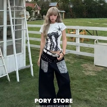 【PORY STORE】韓系復古拼接造型彎刀褲 牛仔褲 落地褲 舒適 韓系 實拍 男生 寬鬆牛仔褲 牛仔寬褲 彎刀褲