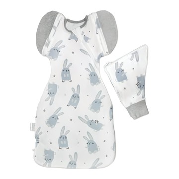 OhBabyLying 夏季輕薄款可換袖成長包巾  藍色兔兔 白色 + 灰色