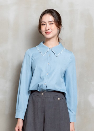 PY by perng yuh Exclusive-悠甜同行花瓣翻領仿丹寧襯衫