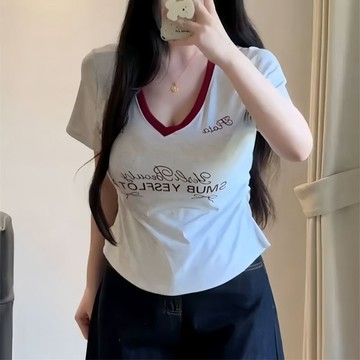 L-5XL 大尺碼女裝胖mm美式短袖刺繡T恤夏季正肩褶皺顯瘦收腰小衫上衣