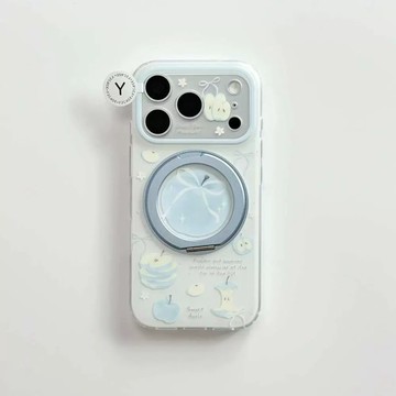 清新藍色蝴蝶結適用蘋果17PROMAX手機殼iPhone16精孔全包360度旋轉支架15硬殼14/13保護殼
