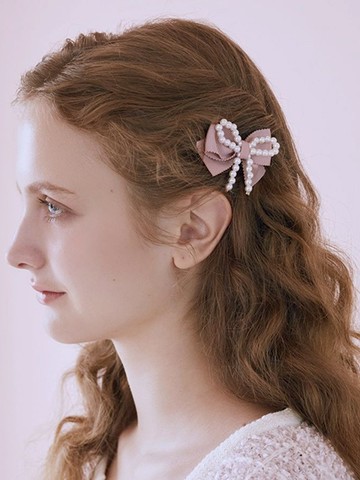 公主粉蝴蝶結緞帶串珠髮夾(08001090200) - Maison de FLEUR