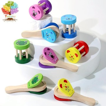 【樹年】嬰兒卡通動物木製搖鈴響板幼兒童益智早教奧爾夫樂器寶寶音樂早教