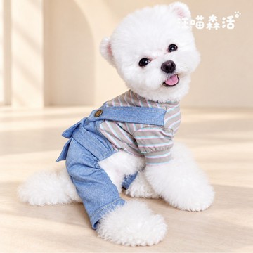 【汪喵森活－優惠出清💲】 條紋牛仔 吊帶褲 2色 假兩件 寵物服飾 比熊 博美 貴賓 貓咪 小型犬 狗衣服 米克斯 春夏