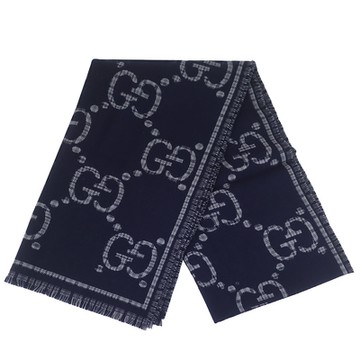 GUCCI 藍/灰雙色雙G格紋100%羊毛圍巾