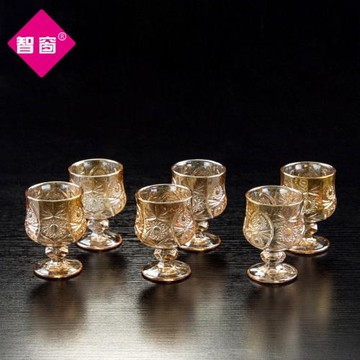 家用創意白酒杯金色高腳刻花一兩小酒杯玻璃套裝50毫升 烈酒酒杯