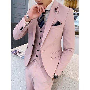 時尚西服男套裝修身三件套主持人正裝粉色演出禮服韓版痞帥小西裝