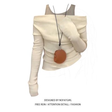 大碼胖MM韓系假兩件杏色針織衫女2025春秋秋女裝修身百搭薄款上衣