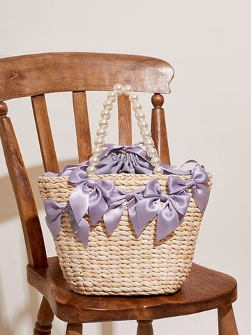 【WEB限定】鄉村風編織籃蝴蝶結緞帶串珠手提包(08000123700) - Maison de FLEUR