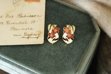 老又好古董珠寶 Vintage 白色景泰藍琺瑯小花夾式耳環 C858