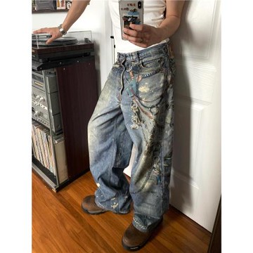 (免運)KICKSTA新款1891數碼印花3D打印潑墨AC風格牛仔褲直筒潮牌休閑褲