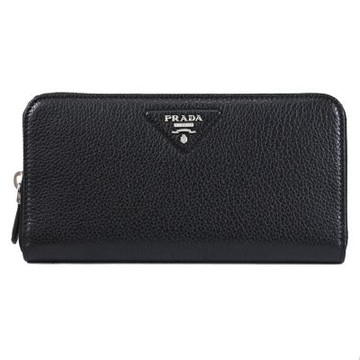 PRADA 三角車線浮雕LOGO荔枝皮革ㄇ字拉鍊長夾(黑)
