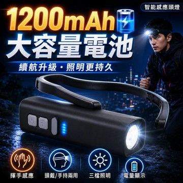 台灣現貨 掛耳式感應頭燈 輕量可調頭箍 LED高亮照明 TYPE-C充電 智慧電量顯示 五檔調光 紅白雙光源 戶外露營