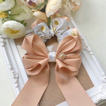 獨家款長尾蝴蝶結拼接大腸圈髮圈-奶茶色