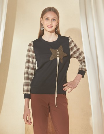 ★【喜芝梅】星光閃耀 立體星星造型異質拼接長袖上衣(黑色；M-2L) 224290837